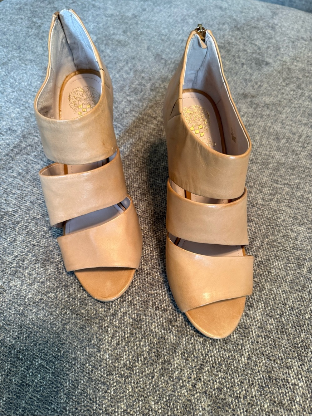 Vince Camuto Tan Strappy Peep-Toe Block Heels